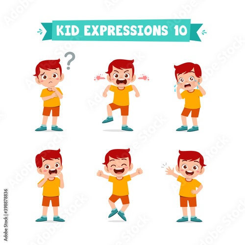 cute little kid boy in various expressions and gesture set