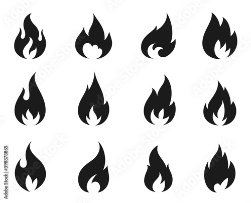 Fire flame icon black set, explosion symbol