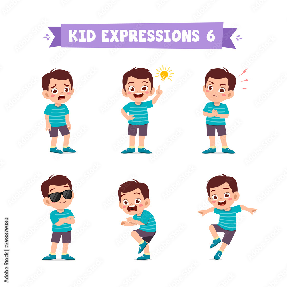 cute little kid boy in various expressions and gesture set cute little kid boy in various expressions and gesture set