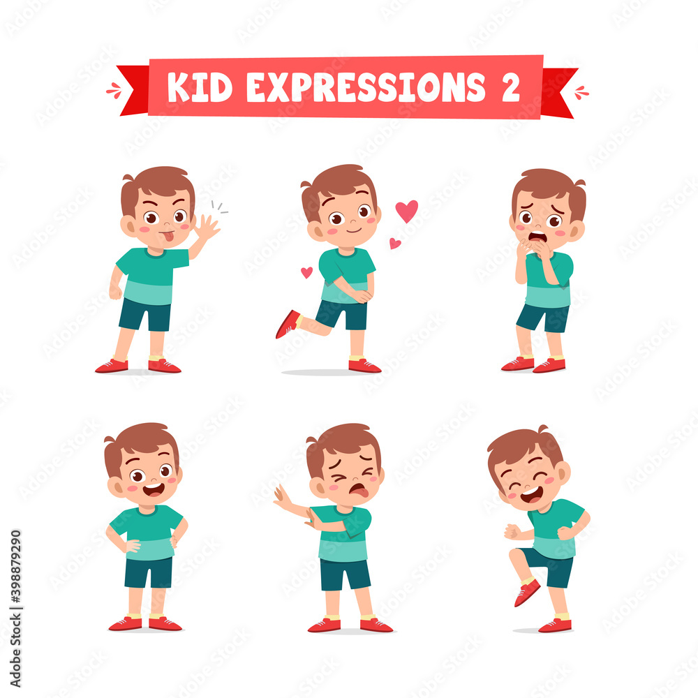 cute little kid boy in various expressions and gesture set