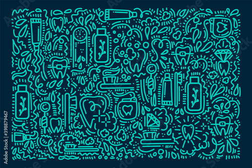 Background tools for brushing teeth. Beautiful Doodle poster Toothbrush, toothpaste and dental floss, teeth. Hand-drawn Doodle pattern in morning hygiene, the concept of care for the oral cavity