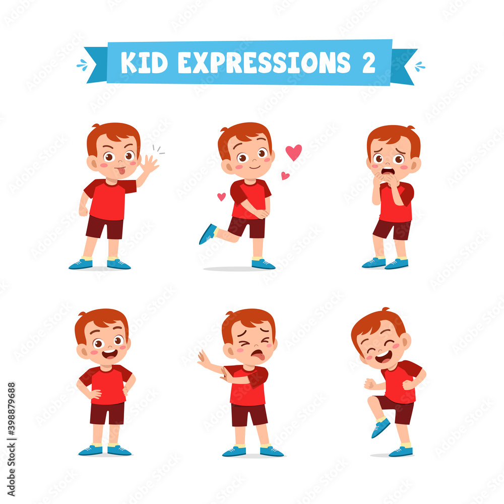 cute little kid boy in various expressions and gesture set