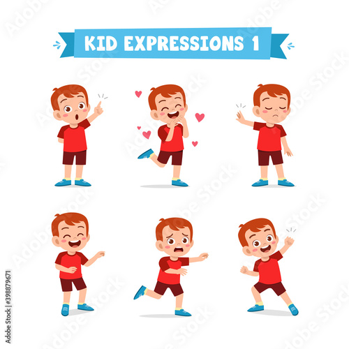 cute little kid boy in various expressions and gesture set