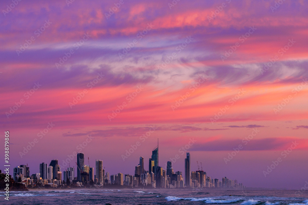 Colourful sunrise clouds in the skies over Surfers Paradise, Gold Coast