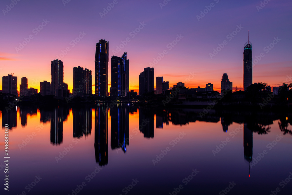 Surfers Paradise cityscape reflection, with colourful sunrise sky. Gold Coast, Australia