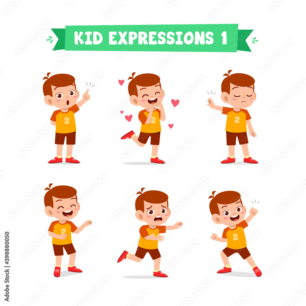 cute little kid boy in various expressions and gesture set cute little kid boy in various expressions and gesture set