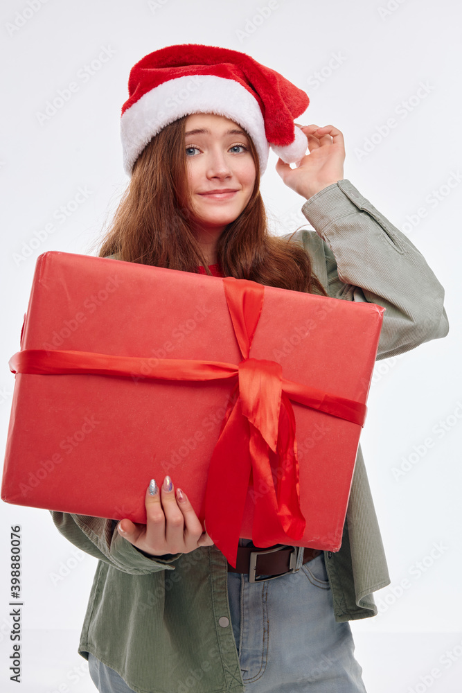 cheerful girl new year gift smile holiday joy light background cheerful girl new year gift smile holiday joy light background