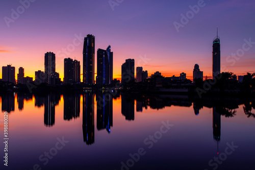 Surfers Paradise cityscape reflection, with colourful sunrise sky. Gold Coast, Australia