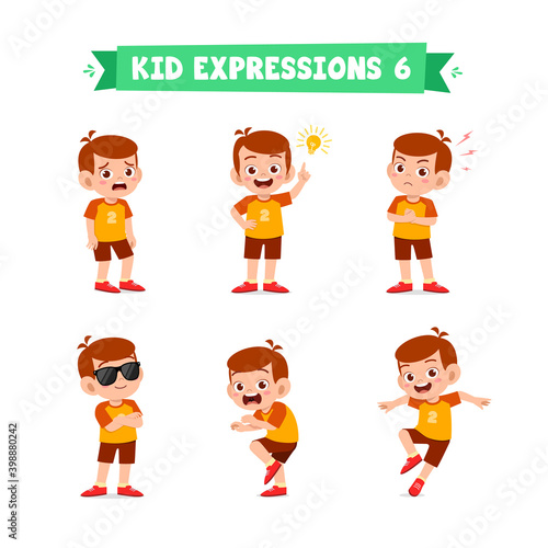 cute little kid boy in various expressions and gesture set