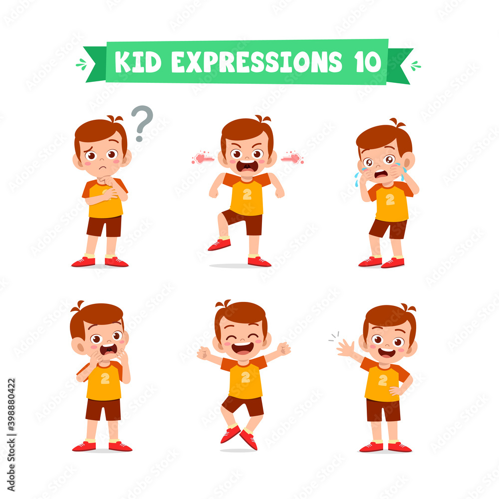 cute little kid boy in various expressions and gesture set cute little kid boy in various expressions and gesture set