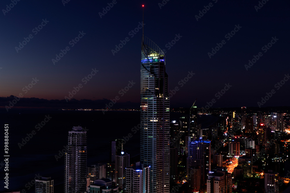 Gold Coast, Surfers Paradise aerial cityscape view at night
