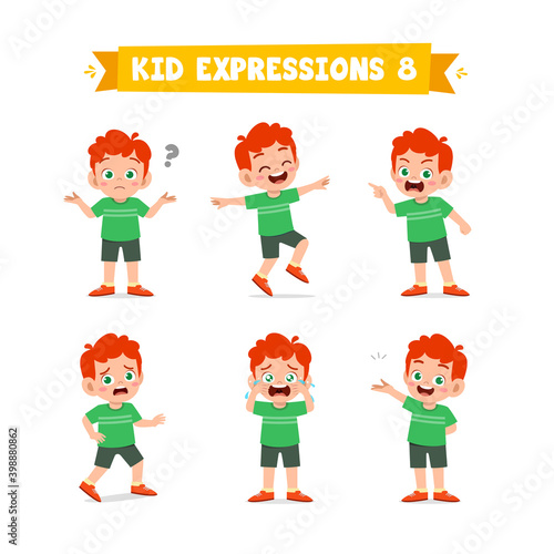 cute little kid boy in various expressions and gesture set