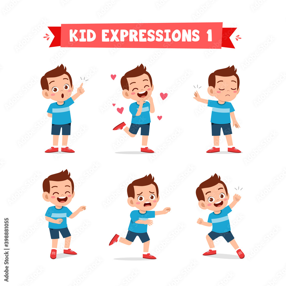 cute little kid boy in various expressions and gesture set cute little kid boy in various expressions and gesture set