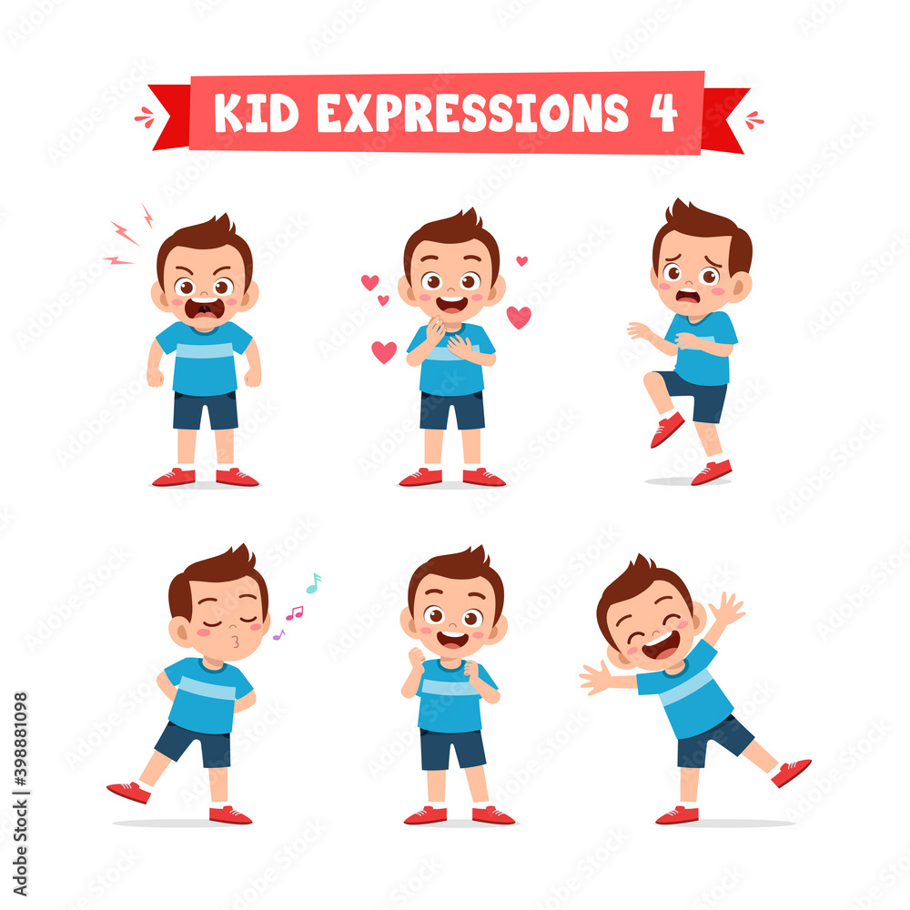 cute little kid boy in various expressions and gesture set cute little kid boy in various expressions and gesture set