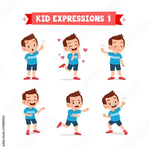 cute little kid boy in various expressions and gesture set