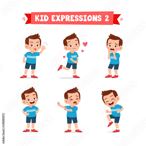 cute little kid boy in various expressions and gesture set