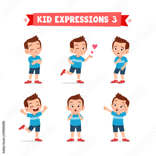 cute little kid boy in various expressions and gesture set