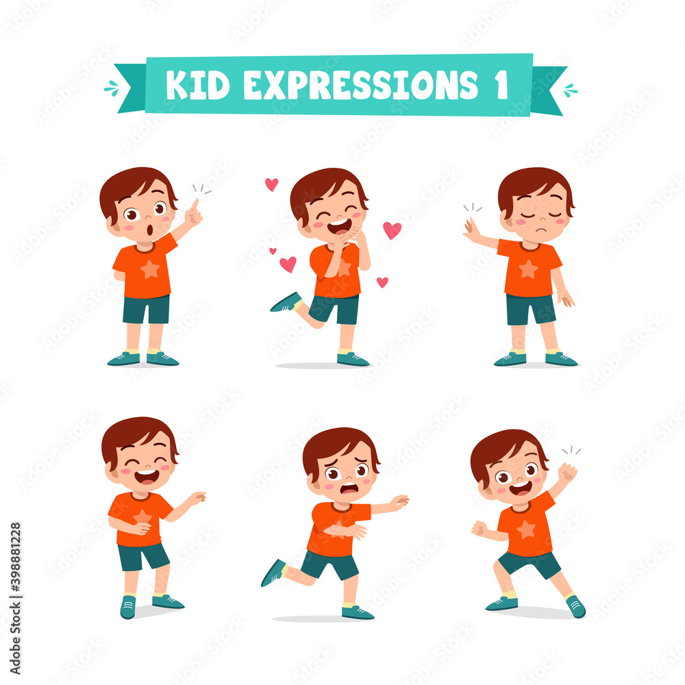 cute little kid boy in various expressions and gesture set cute little kid boy in various expressions and gesture set