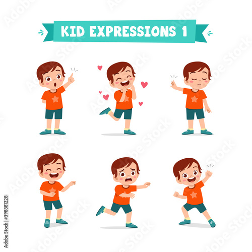 cute little kid boy in various expressions and gesture set
