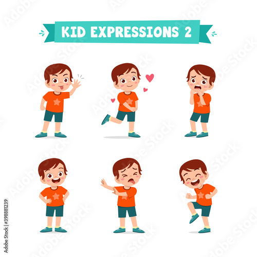 cute little kid boy in various expressions and gesture set