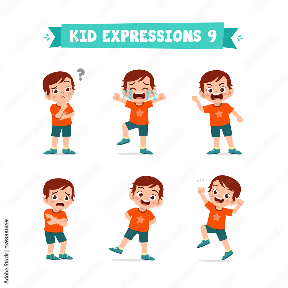 cute little kid boy in various expressions and gesture set cute little kid boy in various expressions and gesture set