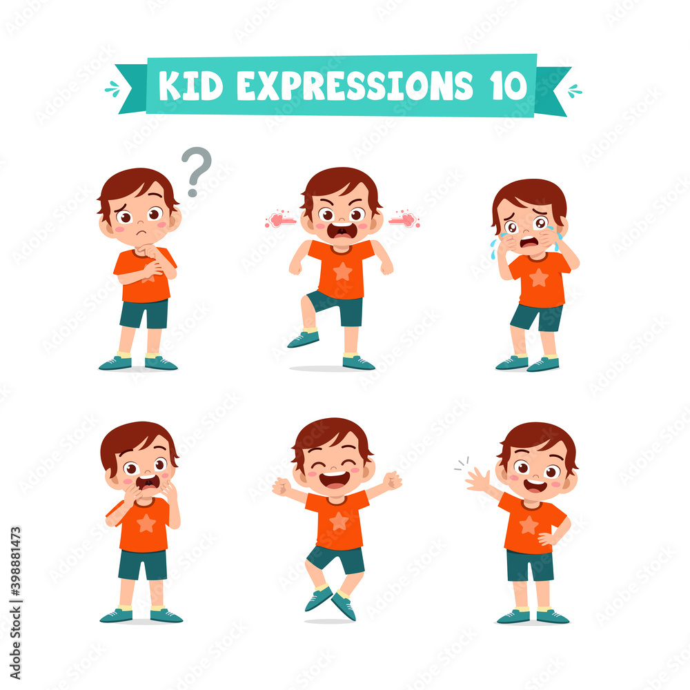 cute little kid boy in various expressions and gesture set cute little kid boy in various expressions and gesture set