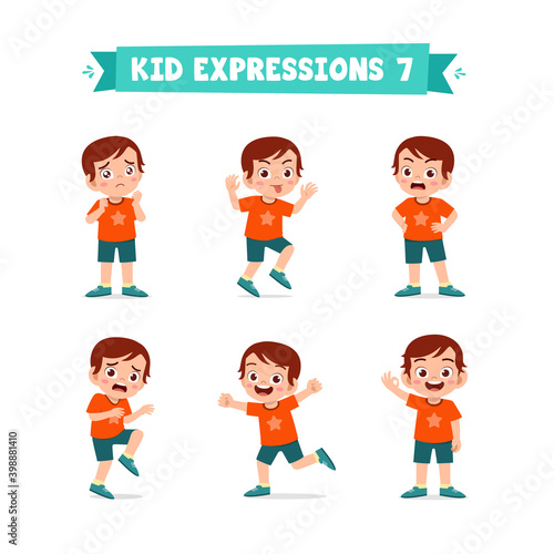 cute little kid boy in various expressions and gesture set
