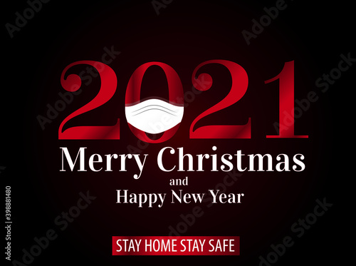 Merry Christmas and happy new year, 2021. Noel, banner, frame, header, background or greeting card design. Covid 19, protecting himself with a surgical mask. Pandemic, flu, corona.