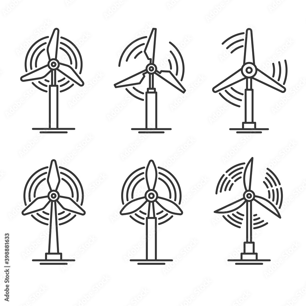 Windmill and Wind Turbine Set. Eco Power Generator Icons. Vector