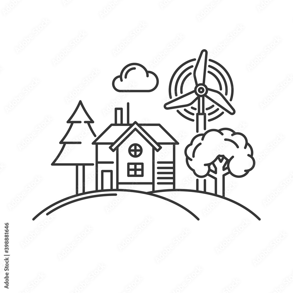 House with Windmill and Trees Icon. Vector