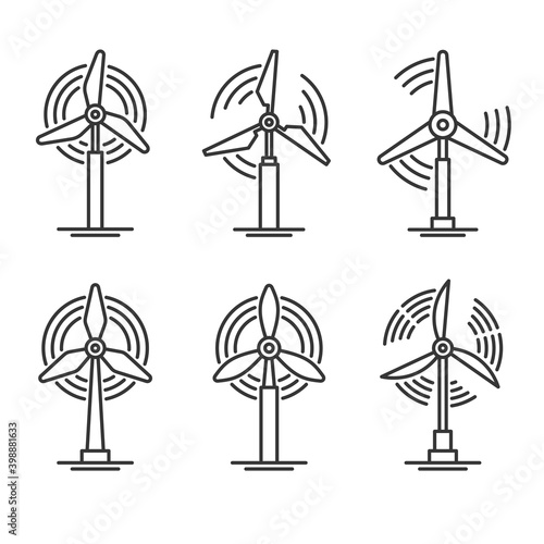Windmill and Wind Turbine Set. Eco Power Generator Icons. Vector