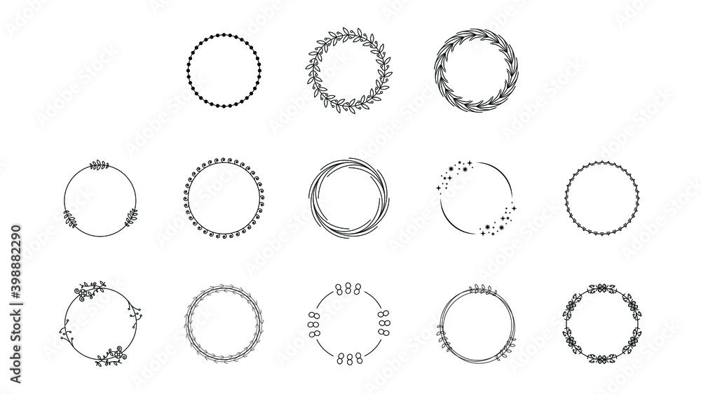 Set Black Simple Line Collection Doodle Round Floral Frame Leaves Elements Vector Design Style Sketch Isolated Illustration For Banner