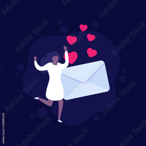 love letter, mail and happy girl, vector