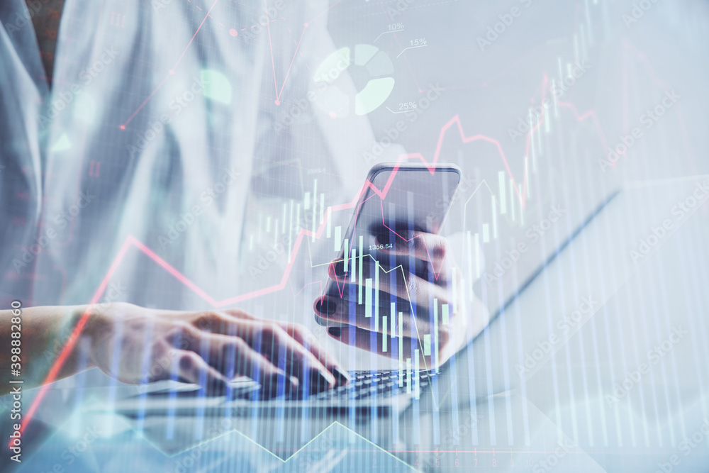 Double exposure of financial graph sketch hologram and woman holding and using a mobile device. Stock exchange concept. Double exposure of financial graph sketch hologram and woman holding and using a mobile device. Stock exchange concept.