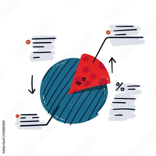 Pie chart hand-drawn illustration. Vector concept cartoon clip art of a chart diagram circle. Abstract hand drawing sketch of a pie chart with arrows and descriptions. Data visualization concept