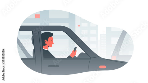 Man driving a car and cityscape. Vector concept illustration of a businessman in a vehicle driving on the street in the city with buildings and other cars in the background. Safe driving, busy traffic