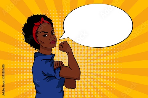 Vector illustration in We Can Do It  style. Beautiful and strong african woman as symbol of female power and fight against racism at yellow background with speech bubble. Feminist poster.