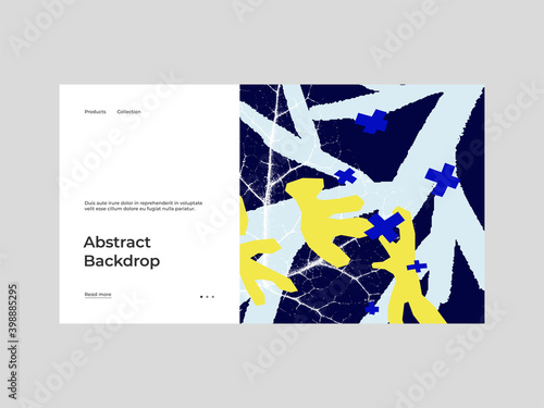 Homepage design with abstract illustration. Colorful ivy leaves, spots, dots and paint strokes. Decorative backdrop. Hand drawn texture, decor elements and shapes. Eps10 vector.