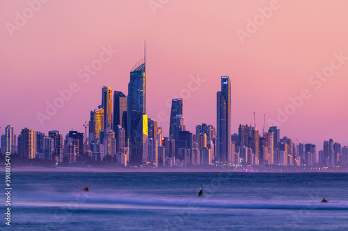 Surfers Paradise, Gold Coast cityscape with sunrise light.