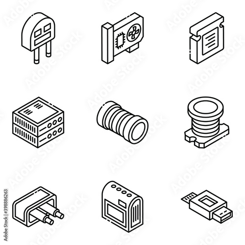 
Trendy Electronics Components Glyph Isometric Icons 
