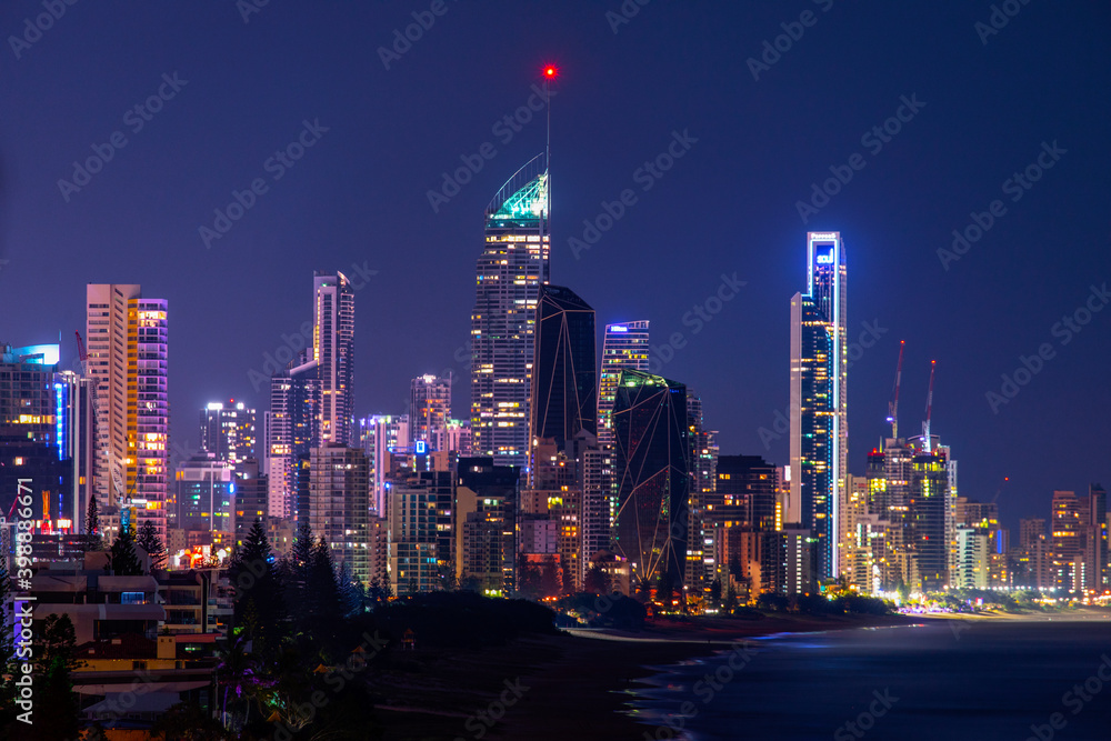 Surfers Paradise cityscape and beach at night. View from Miami Hill
