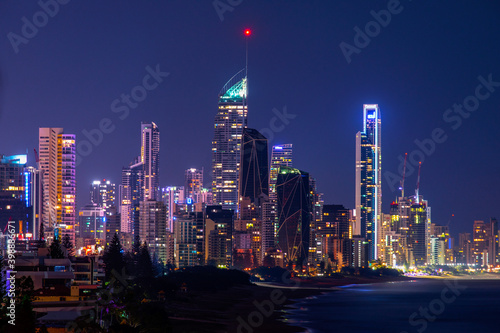 Surfers Paradise cityscape and beach at night. View from Miami Hill