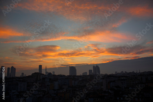 the city silhouette from the window in Istanbul/Turkey, at sunset