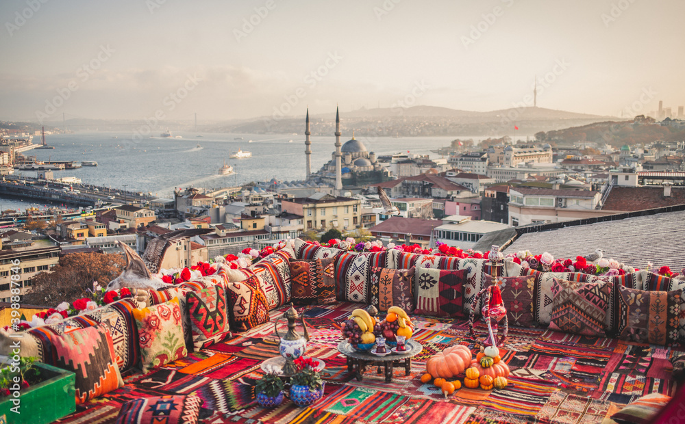 Great panoramic view of Istanbul from high terrace decorated traditional colorful ornamental pillows - obrazy, fototapety, plakaty 