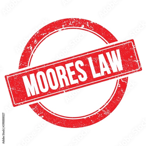 MOORES LAW text written on red round vintage stamp