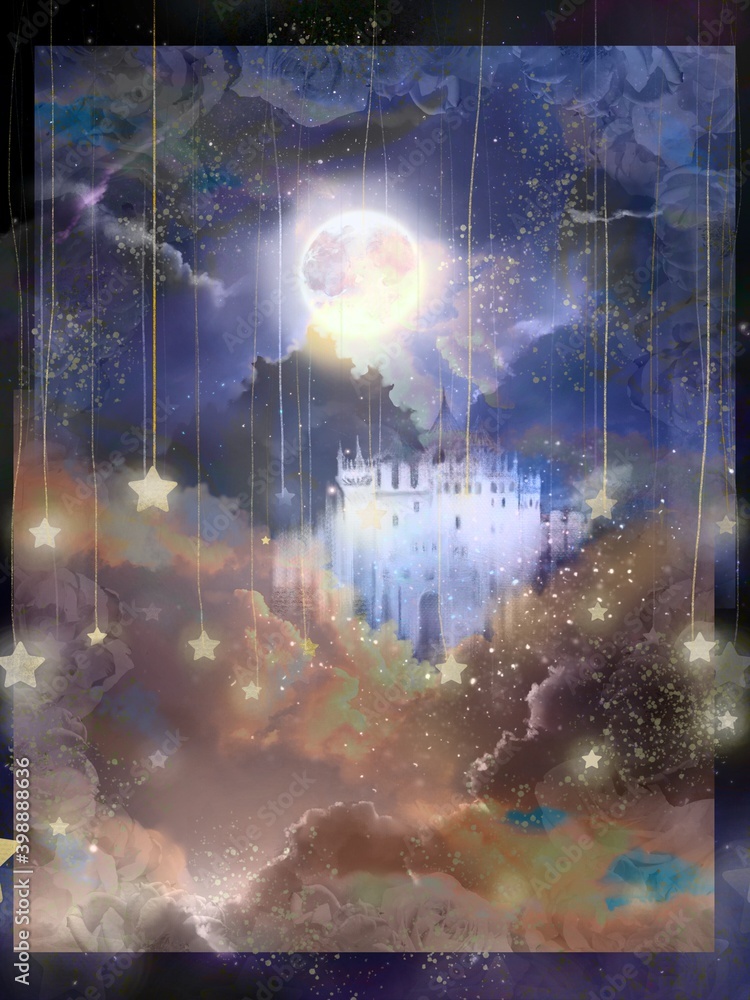 The silhouette of European beautiful castle in starry night sky background	