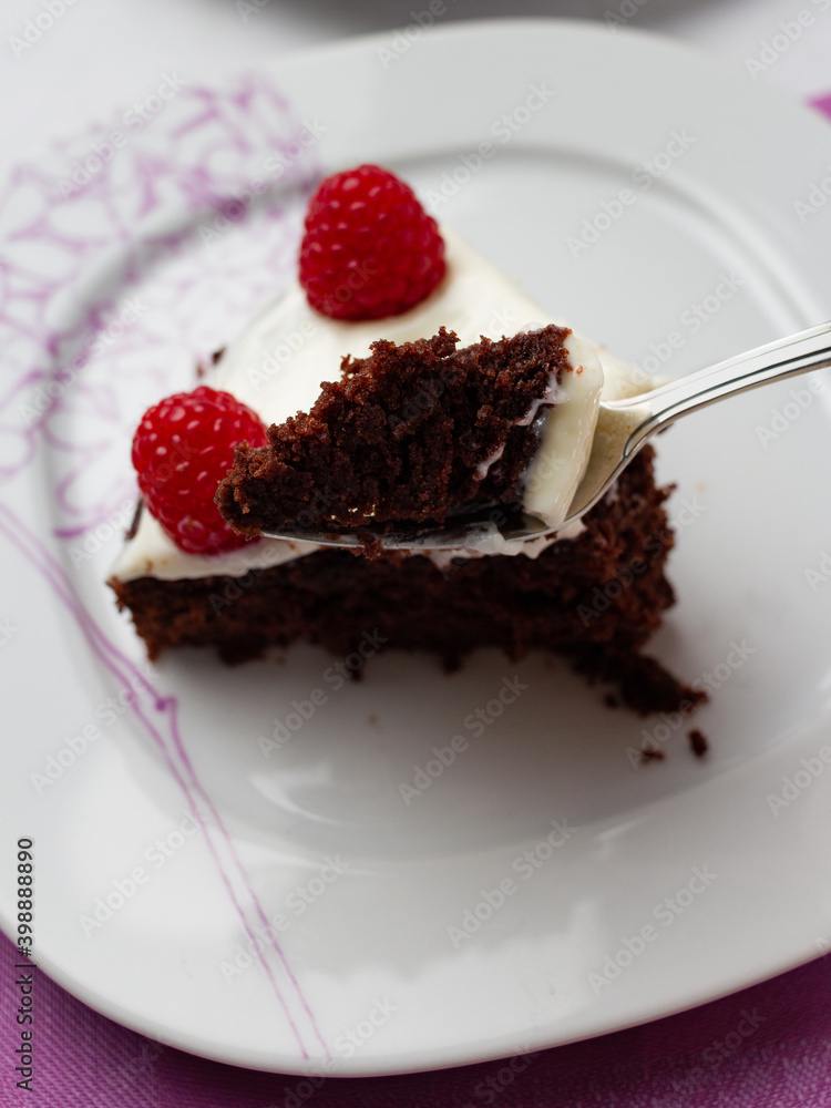 Delicious chocolate cake with cheese cream on top and raspberries. Christmas cake. Selective focus. Copy space. Delicious chocolate cake with cheese cream on top and raspberries. Christmas cake. Selective focus. Copy space.