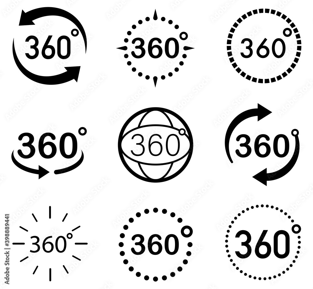 360 Degrees View Vector set. Signs with arrows to indicate the rotation ...