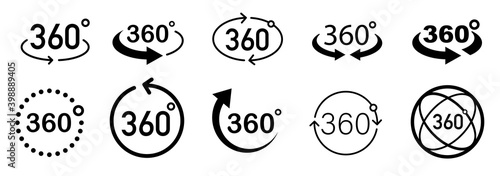 360 Degrees View Vector set. Signs with arrows to indicate the rotation or panoramas to 360 degrees. Vector icon symbol. Vector illustration.