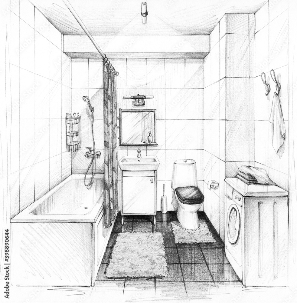 Hand drawn bathroom interior sketch design. Vector illustration Stock  Vector | Adobe Stock